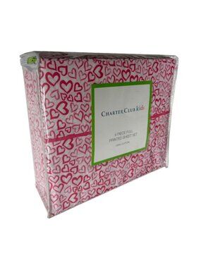 RED HEARTS Charter Club 250 TC Printed 100% Cotton Sateen-Weave FULL Sheet Set